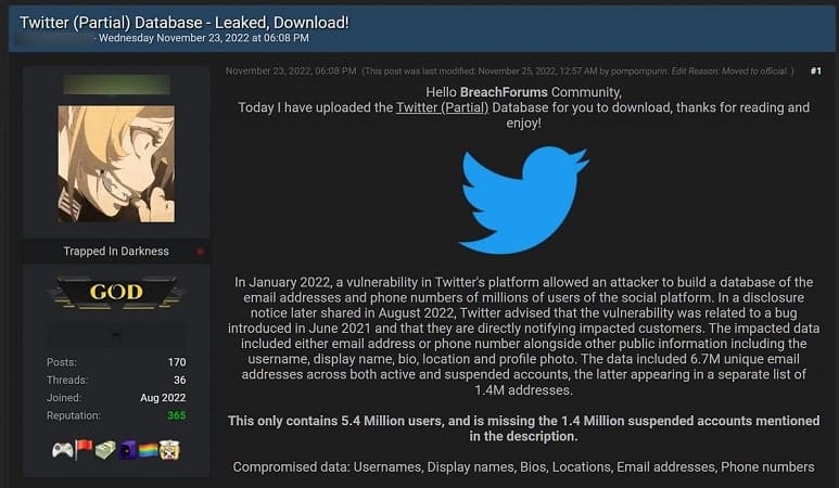 The stolen information of more than 5.4 million Twitter users was released for free