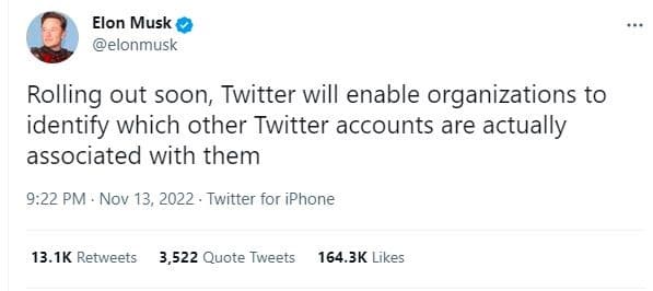 Twitter allows organizations to identify accounts