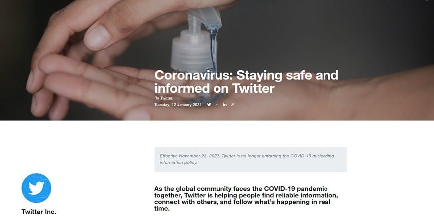 Twitter has suspended its policy against the spread of false information about the Corona virus