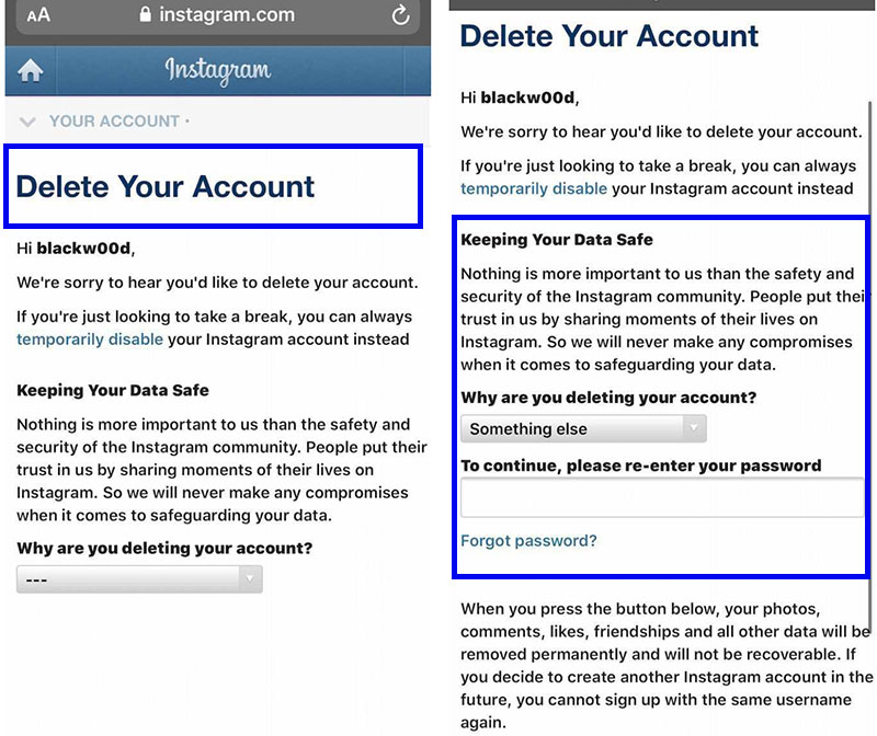 How to delete instagram account on iPhone and android