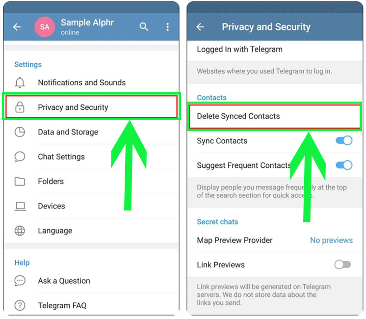 how to delete telegram contacts android