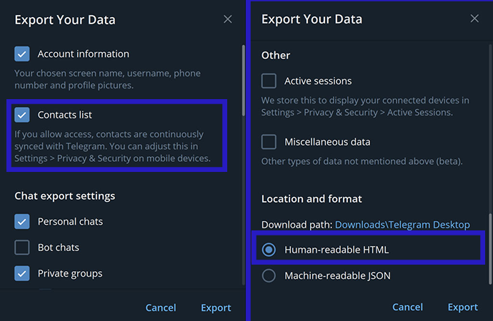 how to export telegram contacts to phone
