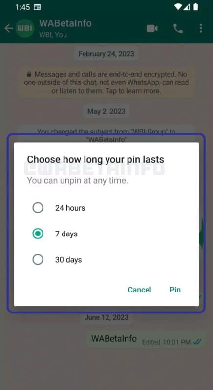 Pinning WhatsApp messages for a specified period of time