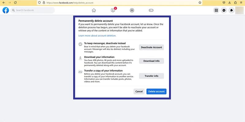 How to delete a Facebook account with a direct link